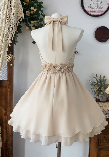 Charming Homecoming Dress Halter Flower Pleated Back to School Outfits Party Dress  D6597