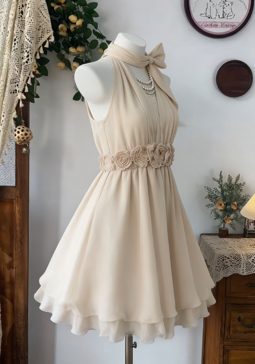 Charming Homecoming Dress Halter Flower Pleated Back to School Outfits Party Dress  D6597