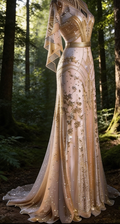 Champagne Gold A-Line Beading Elegant Long Formal Prom Dress Evening Gown, D829