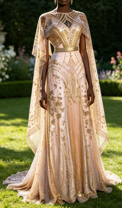 Champagne Gold A-Line Beading Elegant Long Formal Prom Dress Evening Gown, D829