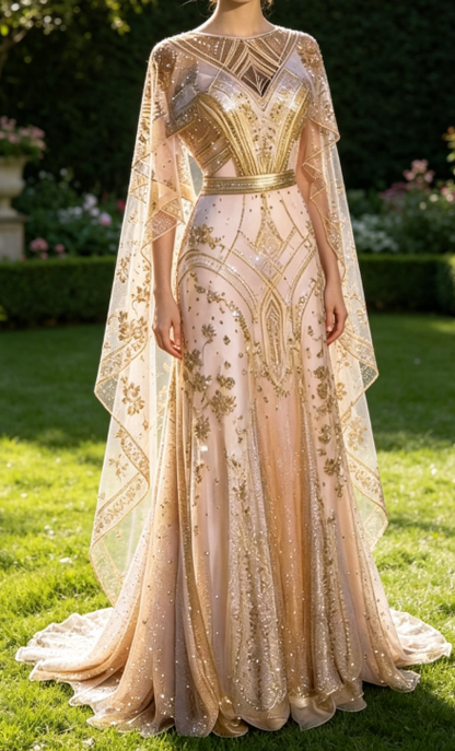 Champagne Gold A-Line Beading Elegant Long Formal Prom Dress Evening Gown, D829