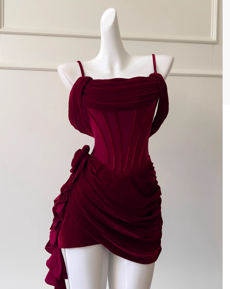 Vintage Burgundy Spaghetti Strap Sheath Party Dresses Homecoming Dresses, D1337