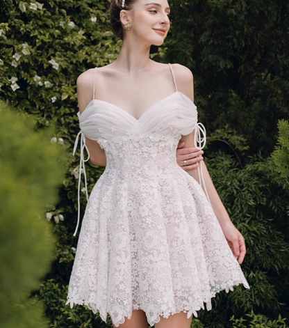 Vintage White Spaghetti Strap Appliqued A-line Party Dresses Homecoming Dresses, D1341