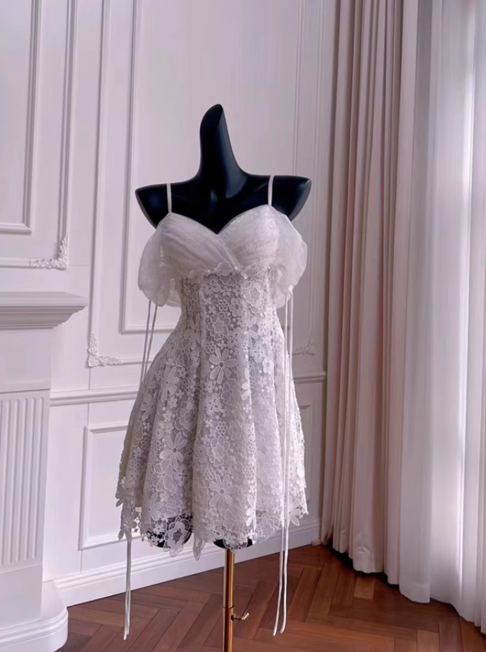 Vintage White Spaghetti Strap Appliqued A-line Party Dresses Homecoming Dresses, D1341