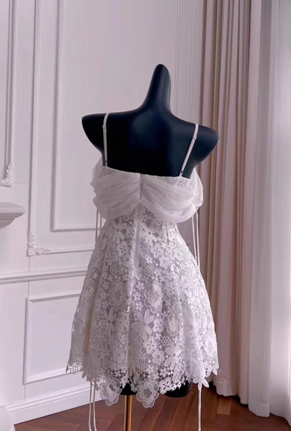 Vintage White Spaghetti Strap Appliqued A-line Party Dresses Homecoming Dresses, D1341