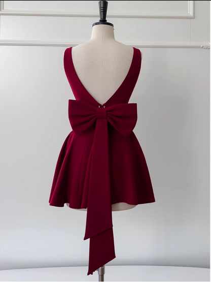 Vintage Burgundy Bow Design A-line Party Dresses Homecoming Dresses, D1342