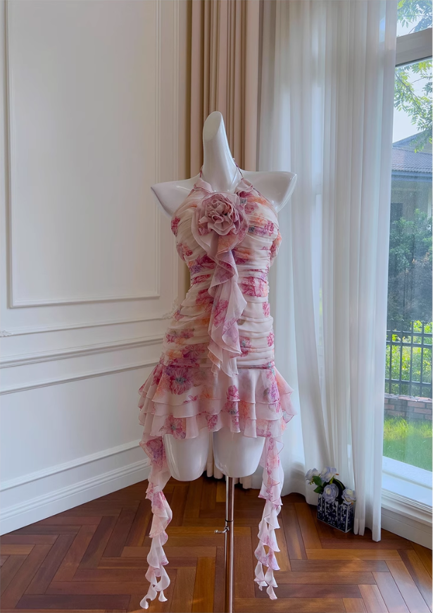 Sweet Floral Ruffled Hem Design A-line Halter Party Dresses Homecoming Dresses, D1344
