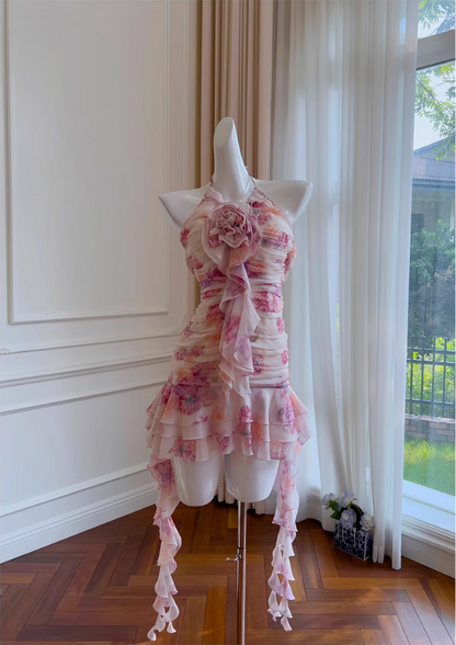 Sweet Floral Ruffled Hem Design A-line Halter Party Dresses Homecoming Dresses, D1344