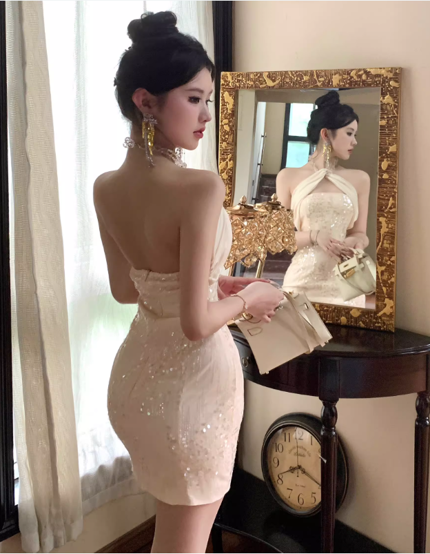 Fashion Champagne Sequin Design A-line  Party Halter Dress Homecoming Dress, D1395