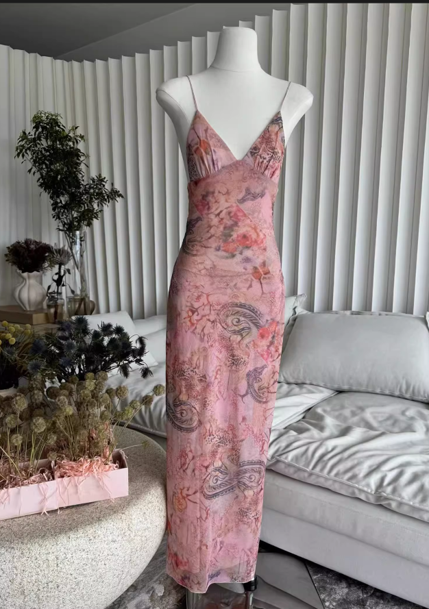 Sweet Spaghetti Strap V-neck Backless Design Floral Print A-line Women Party Dress, D1399