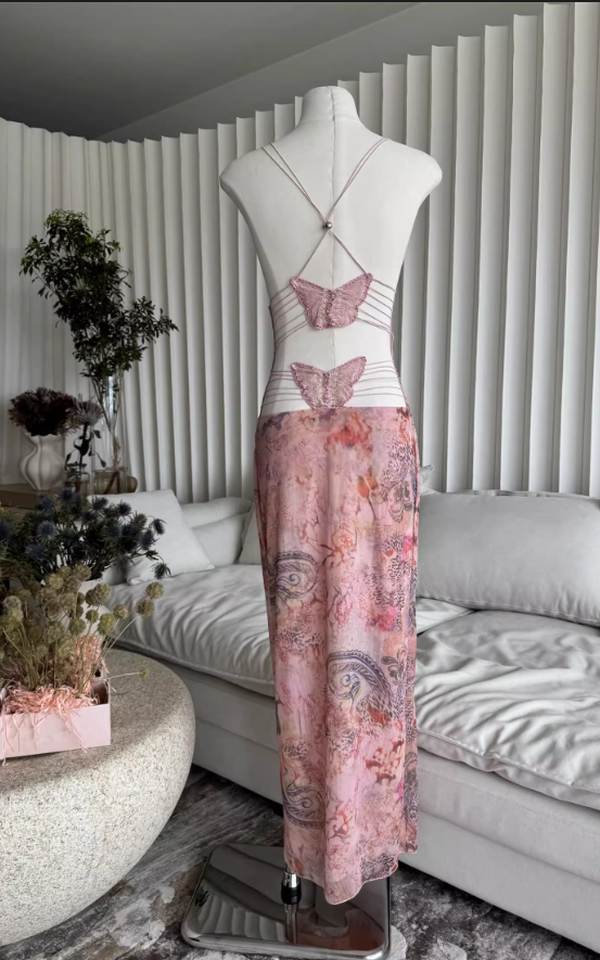 Sweet Spaghetti Strap V-neck Backless Design Floral Print A-line Women Party Dress, D1399