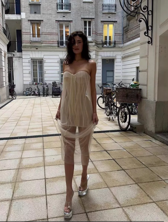 Fashion Beige Strapless Design A-line Tulle Women Party Dress, D1404