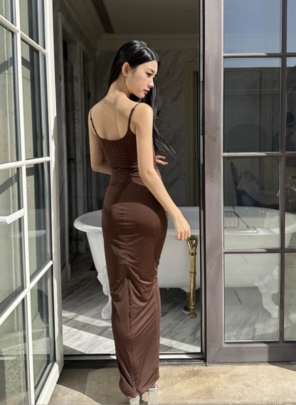 Fashion Brown Beading Spaghetti Strap Design A-line Mermaid Women Party Dress, D1409