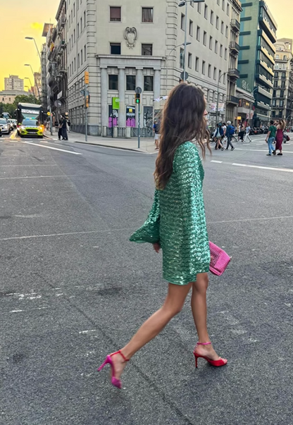 Fashion Green V-neck Sequin Design A-line Long-sleeved Women Party Dress Homecoming Dress, D1413