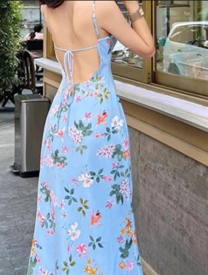 Vintage Blue Floral V-neck Spaghetti Strap Design A-line Party Dress, D1419
