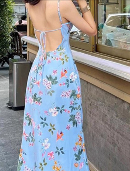 Vintage Blue Floral V-neck Spaghetti Strap Design A-line Party Dress, D1419
