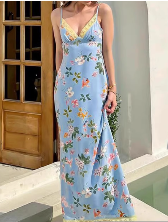 Vintage Blue Floral V-neck Spaghetti Strap Design A-line Party Dress, D1419