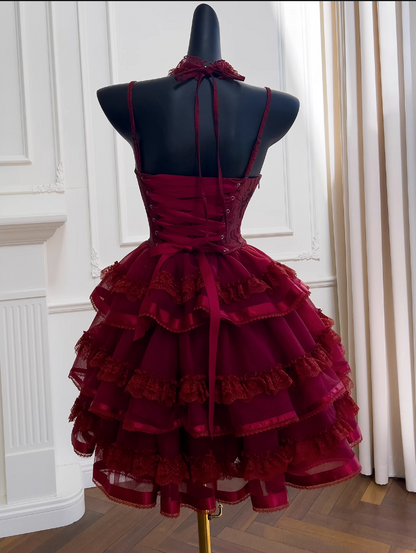 Vintage Burgundy Sweetheart Lace Design Spaghetti Strap Tiered Homecoming Dress, D1435
