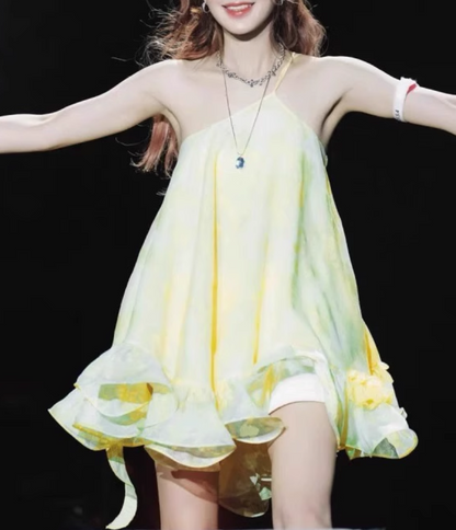 New Fashion Light Yellow Single Shoulder Strap Ruffled Hem Design Summer Party Dress Homecoming Dress, D1441