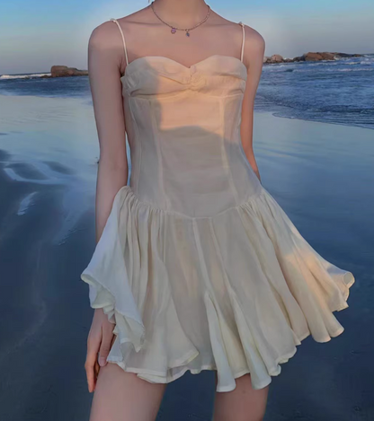 New Fashion White Sweetheart Spaghetti Strap Ruffled Hem Design Summer Party Dress, D1436