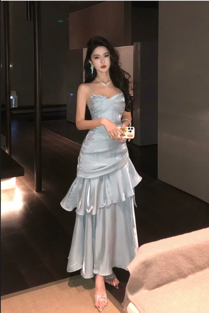 Vintage Blue Sweetheart Spaghetti Strap Mermaid Ruffled Hem Design Sexy Prom Dress Evening Dress D1731