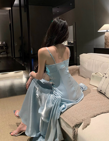 Vintage Blue Sweetheart Spaghetti Strap Mermaid Ruffled Hem Design Sexy Prom Dress Evening Dress D1731