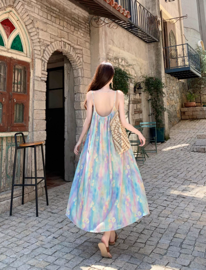 Vintage Floral Spaghetti Strap Design Elegant Beach Holiday Sleeveless Summer Dress D1729