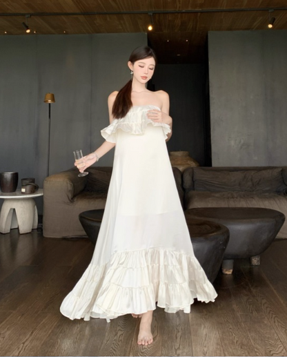 Vintage Ivory Strapless Ruffled Hem Design Elegant Beach Holiday A-Line Sleeveless Summer Dress D1728