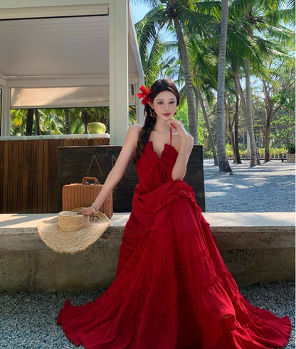 Vintage Burgundy V-neck Design Elegant Beach Holiday A-Line Sleeveless Halter Dress Summer Dress Party Dress , D1725
