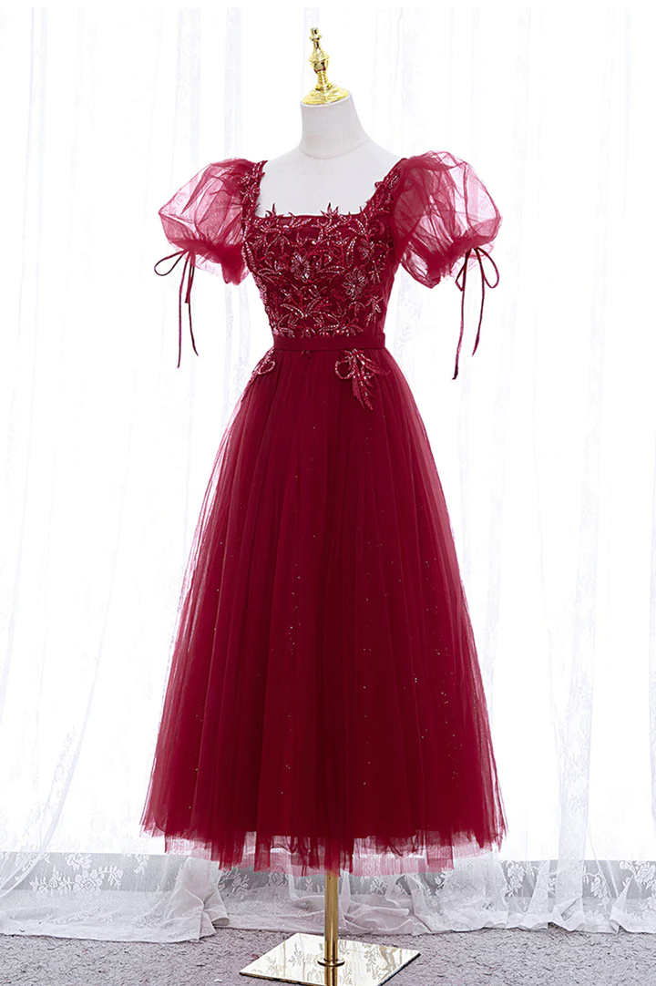 Burgundy tulle lace short prom dress homecoming dress M5988