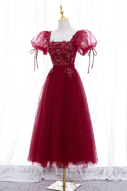 Burgundy tulle lace short prom dress homecoming dress M5988