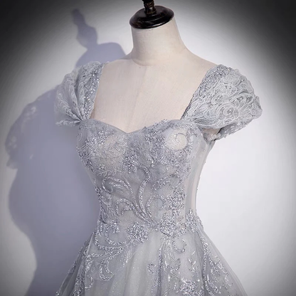 Gray tulle lace long prom dress A line evenig gown M5899