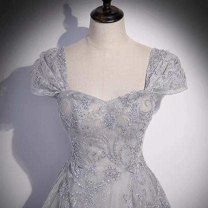Gray tulle lace long prom dress A line evenig gown M5899