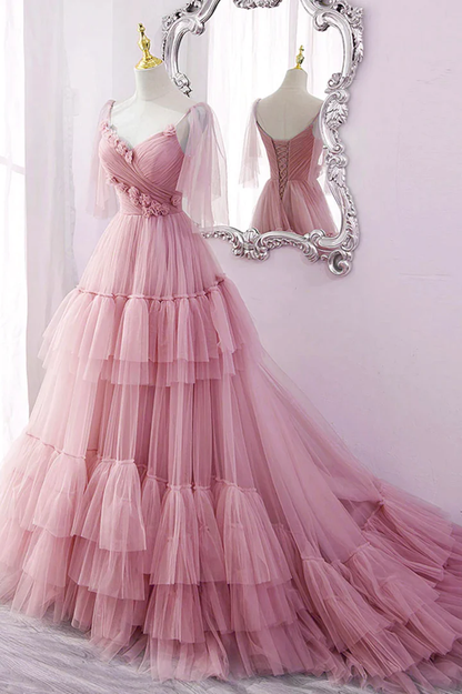 Blue tulle long prom dress A line evening dress,BL2154