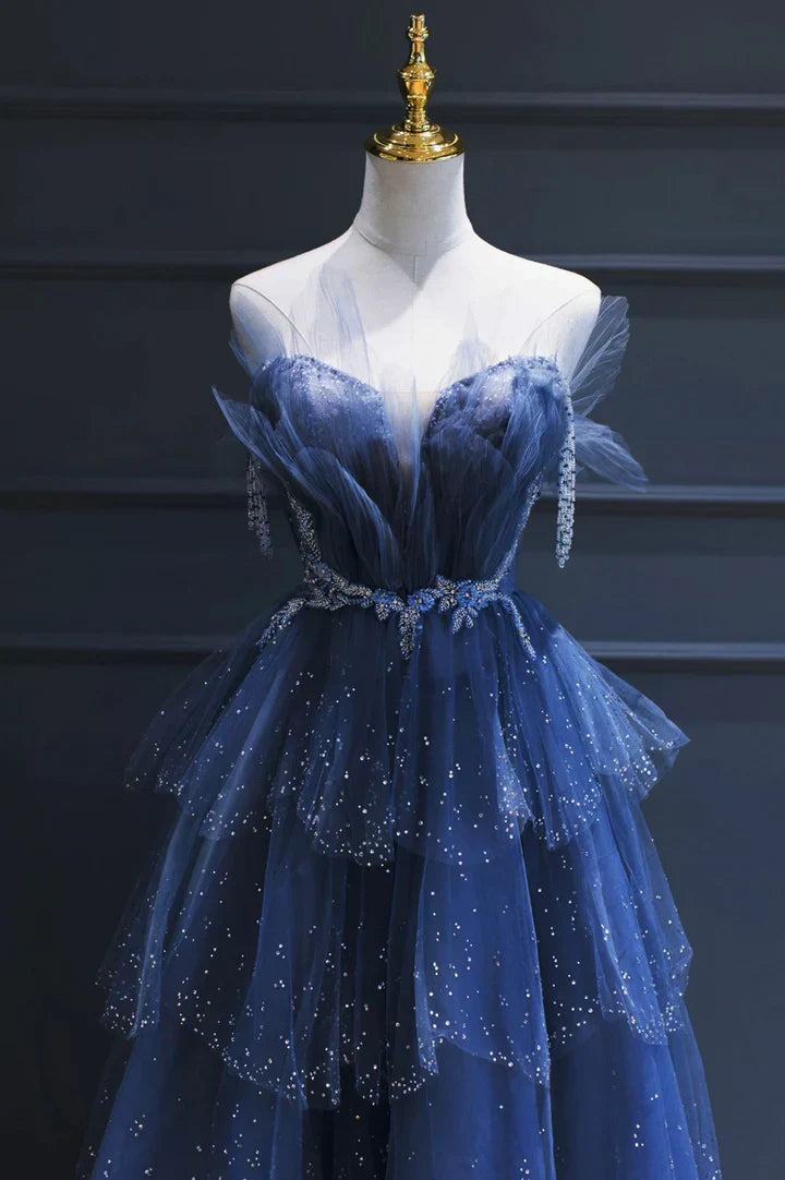 Vintage Blue Beaded Design Elegant A-Line Chiffon Tulle Evening Dress Prom Dress D1602