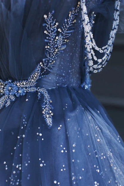 Vintage Blue Beaded Design Elegant A-Line Chiffon Tulle Evening Dress Prom Dress D1602