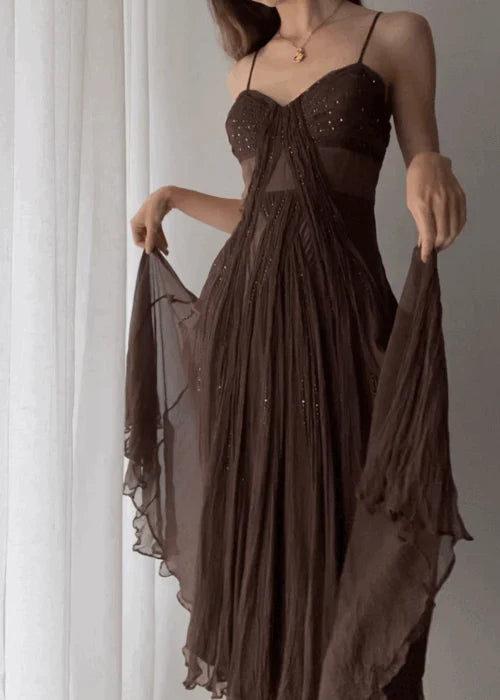 Vintage Brown A Line Spaghetti Strap Beaded Chiffon Long Prom Dress Party Dress SH4540