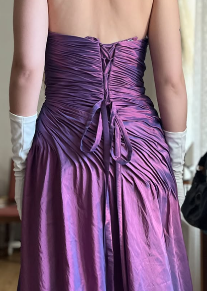 Vintage A Line Strapless Pleated Purple Satin Prom Dress Evening Dress SH6071