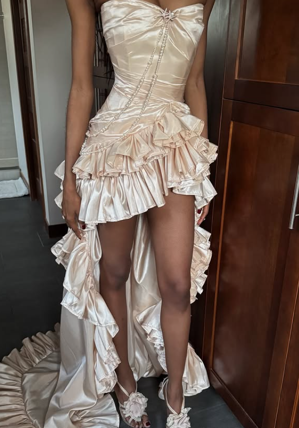 Stunning Apricot A Line Sweetheart Neck Pearl Satin Prom Dress Party Dress SH5324