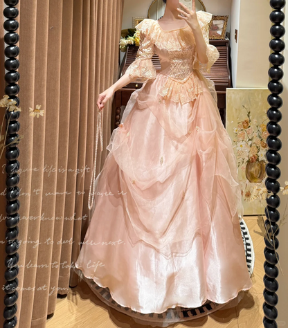 Vintage Light Pink Ball Gown Sleeve Lace Organza Satin Prom Dresses 18th Birthday Dresses SH4642
