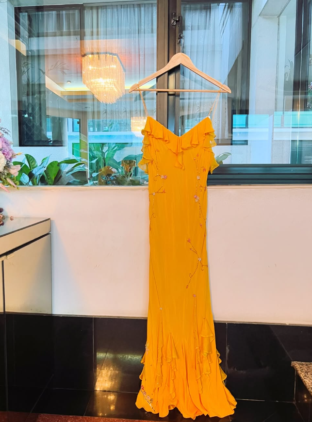 Vintage A Line Spaghetti Straps Beaded Orange Ruffle Chiffon Long Prom Dress Date Dress SH4946