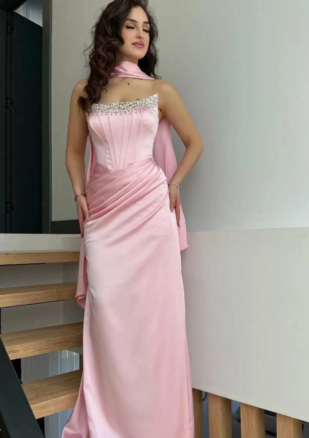 Sweety Pink Sheath Strapless Beaded Satin Prom Dress Wedding Guest Dress SH5419