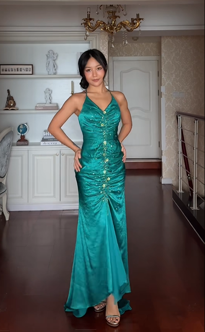 Stunning Vintage Mermaid Halter Beaded Chiffon Satin Prom Dress SH5176