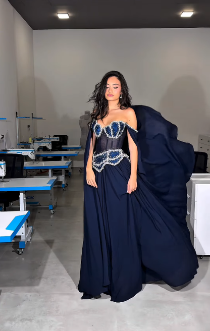 Stunning Navy Blue A Line Exquisite Pearl Beaded Chiffon Tulle Graduation Prom Dress SH5331