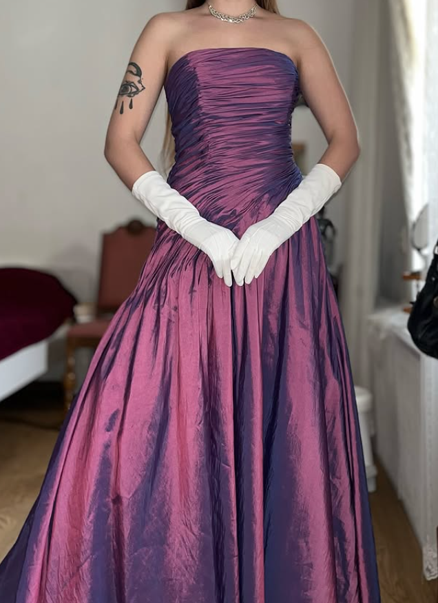 Vintage A Line Strapless Pleated Purple Satin Prom Dress Evening Dress SH6071