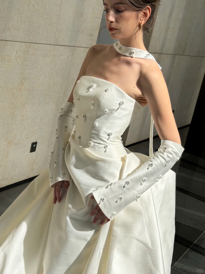 Stunning Ball Gown Strapless Exquisite Beaded White Satin Wedding Dress SH5278