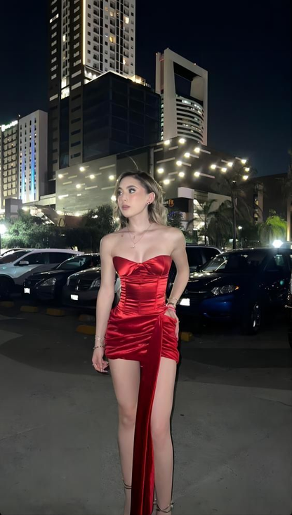Strapless Red Satin Velvet Sheath Short Party Dress Homecoming Dress SH1435
