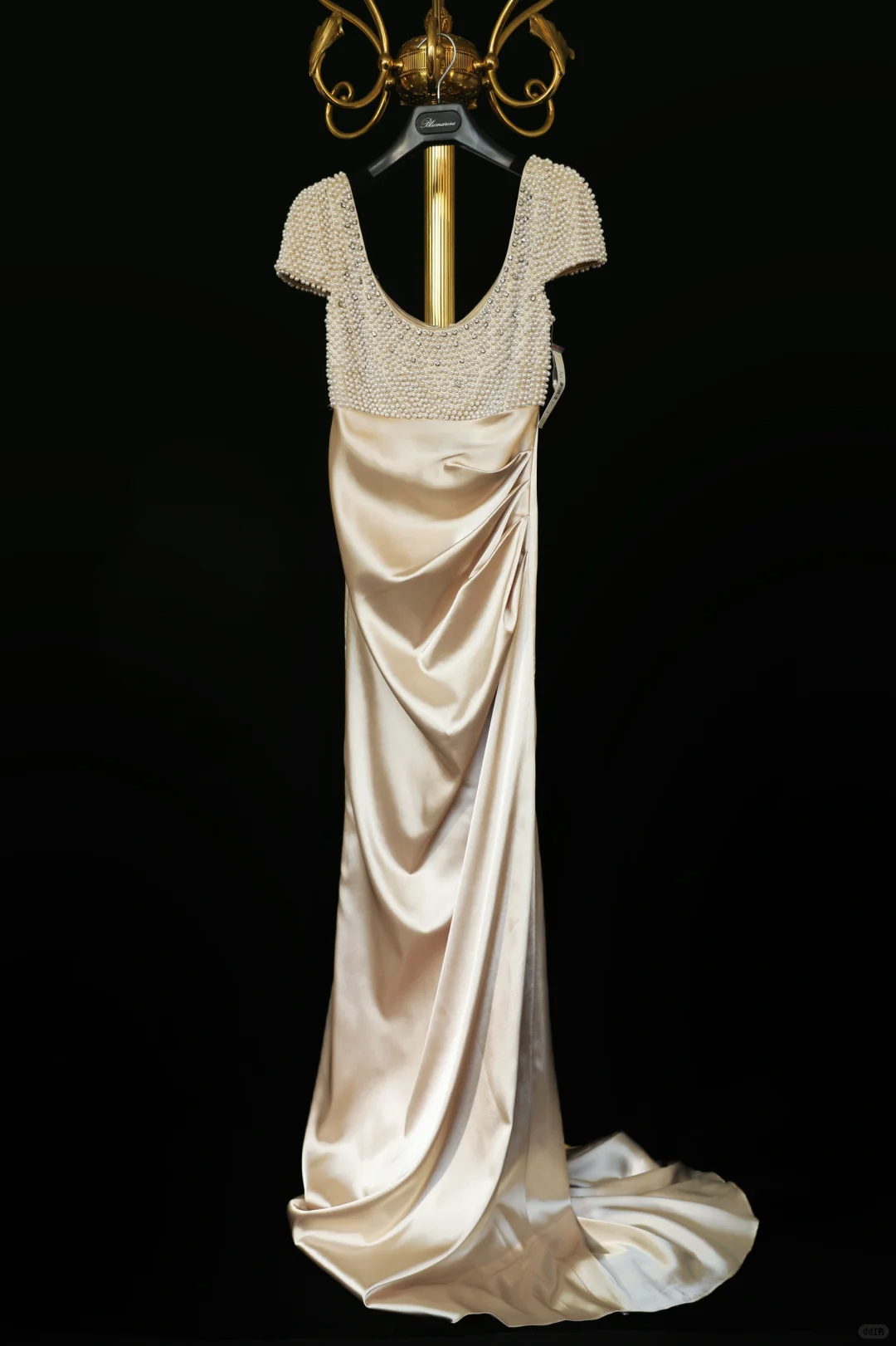 Vintage Champagne A Line Exquisite Pearls Satin Prom Dress Evening Dress SH5132