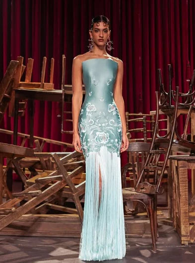 Unique Sheath Strapless Embroidered Flower Sage Green Satin Party Dress Evening Dress SH2899