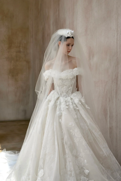 Sweety Ball Gown Off the Shoulder White 3D Floral Tulle Wedding Dress SH5076